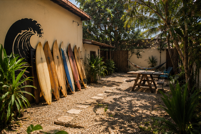 Pátio ensolarado do Aratu Surf Hostel