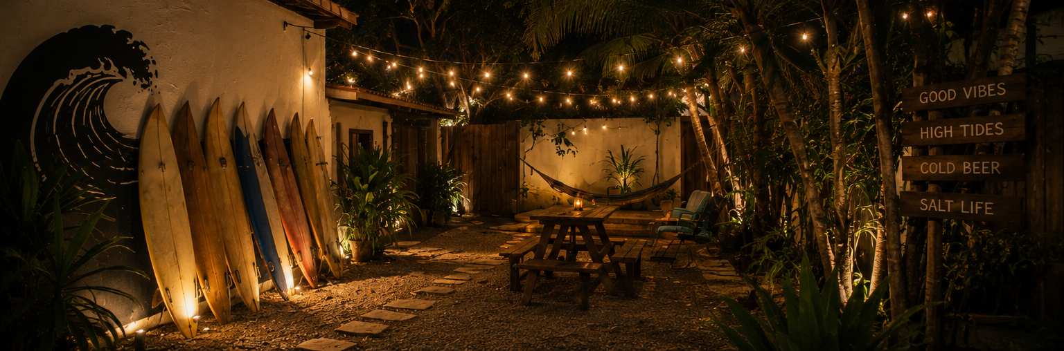 Hostel patio at night